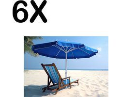 BWK Textiele Placemat - Blauwe Stoel met Parasol op Prachting Wit Strand - Set van 6 Placemats - 40x30 cm - Polyester Stof - Afneembaar