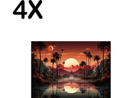 BWK Textiele Placemat - Getekend - Palmbomen - Zon - Landschap - Weerspiegeling - Set van 4 Placemats - 35x25 cm - Polyester Stof - Afneembaar