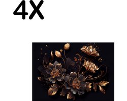 BWK Textiele Placemat - Goud met Zwarte Bloemen Kunst - Set van 4 Placemats - 35x25 cm - Polyester Stof - Afneembaar