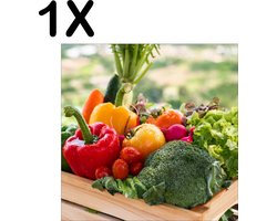 BWK Textiele Placemat - Groente in een Houten Kistje - Set van 1 Placemats - 40x40 cm - Polyester Stof - Afneembaar