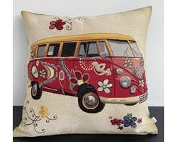 By Eef- sierkussenhoes- 50x50- handgemaakt-Gobelin-rode VW bus-Flower Power