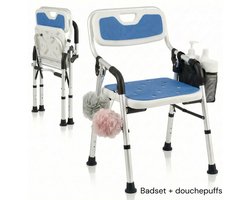 BY JRM® Douchestoel - Douchekruk - Incl. badset, douche puff, douchekophouder - Met Armleuning - Hoogte Verstelbaar - Antislip - Opklapbaar - Blauw