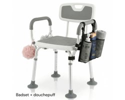 BY JRM® Douchestoel - Douchekruk - Incl. badset, douche puff en douchekophouder - Met Armleuning - Hoogte Verstelbaar - Antislip - Grijs
