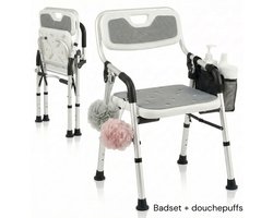 BY JRM® Inklapbare Douchestoel - Douchekruk - Incl. badset, douche puff, douchekophouder - Met Armleuning - Hoogte Verstelbaar - Antislip - Grijs