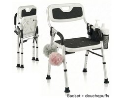 BY JRM® Inklapbare Douchestoel - Douchekruk - Incl. badset, douche puff, douchekophouder - Met Armleuning - Hoogte Verstelbaar - Antislip - Zwart