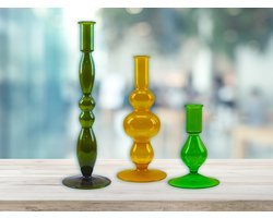 by Mooss - Kandelaar - set van 3 - Groen - Okergeel - Donkergroen - Glas - Kaarsenhouder