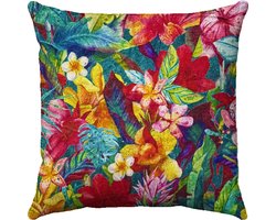 by Mooss - Sierkussen 50 x 50 cm - Velours - Tropisch Bloemen - Blauw Roze Geel - Inclusief binnenkussen