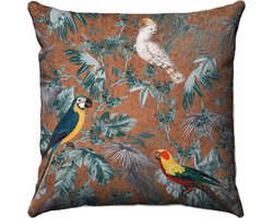 by Mooss - Sierkussen 50 x 50 cm - Velours - Tropisch - Bloemen - Vogels - Bruin - Inclusief binnenkussen