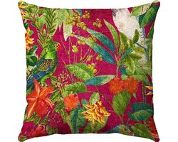by Mooss - Sierkussen 50 x 50 cm - Velours - Tropisch Bloemen Vogels - Donker roze - Inclusief binnenkussen