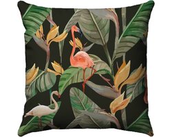 by Mooss - Sierkussen 50 x 50 cm - Velours - Tropisch - Flamingo - Bloemen - Zwart - Groen - Grijs - Inclusief binnenkussen