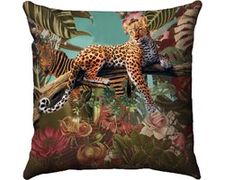 by Mooss - Sierkussen 50 x 50 cm - Velours - Tropisch Panter Bloemen - Groen Blauw Multi - Inclusief binnenkussen
