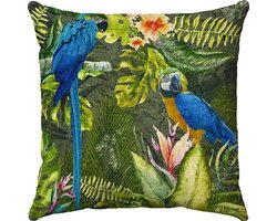 by Mooss - Sierkussen 50 x 50 cm - Velours - Tropisch Papegaai Bloemen - Donker groen Zwart - Inclusief binnenkussen