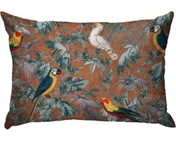 by Mooss - Sierkussen 60 x 40 cm - Velours - Tropisch - Bloemen - Vogels - Bruin - Inclusief binnenkussen