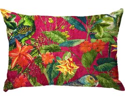by Mooss - Sierkussen 60 x 40 cm - Velours - Tropisch Bloemen Vogels - Donker roze - Inclusief binnenkussen
