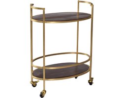 by Mooss - Trolley - Ovaal - Goud - Messing - Bruin - Mat - Wielen - Hout - Stijlvol - Wijnrek - Bijzettafel - Trendy - Chique