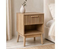 By Viento Nachtkastje met Lade – Houtlook – Lattenfront – Open Opbergvak – 40 x 35 x 55 cm – Naturel