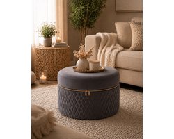 By Viento Nova Velvet Poef – Design Zitpoef – Gouden Rits – Ø42 x H31 cm – Grijs