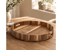 By Viento Rond Acacia Houten Dienblad Ø40 x H5 cm – Serveerblad met Handgrepen – Decoratief Houten Plateau