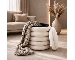 By Viento Teddy Opbergpoef Beige Wit – Ø37 × H43,5 cm – Zachte Teddy Stof – Ronde Poef met Ruime Opbergruimte