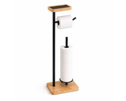 By Viento Toiletrolhouder Vrijstaand – Zwart Metaal met Bamboe – WC Rolhouder met Telefoonhouder & Opbergstandaard