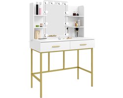 ByBusby® Kaptafel - Maku-up Tafel - Cosmetische Tafel - Met Led Lampen - Make-Up Organizer - Spiegel - 2 Laden - Opbergplank - Wit/Goud