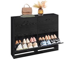 ByRoos Kast - 1 stuk - Schoenenkast - Gangkast - Kast met opbergruimte - Opbergkast - 4 opbergvakken - Plek voor 16 tot 28 paar schoenen - Zwart - Hout - Moderne gangkast