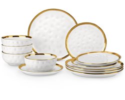 ByRoos Serviesset - 4 persoons - Serviessets - Dinnerset - Keramisch - 12 stuks - Kommen - Diner borden - Ontbijt borden - Wit - Goud