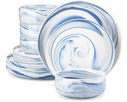 ByRoos Serviesset - 8 persoons - Serviessets - Keramisch - Kommen - Diner borden - Ontbijt borden - 24 stuks - Wit - Blauw