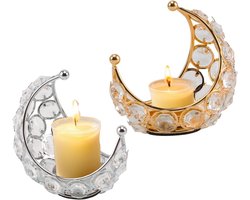 ByShane - Maan Vorm Kaars Houders Set van 2 - Metaal Kristal Theelichthouders - Party Thuis Decoratie - Goud en Zilver