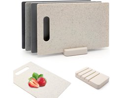 ByShane - Snijplank Kunststof Set - 4 Stuks - Keukenplanken met Opbergstandaard - Handgrepen - Choppingboard voor Vlees, Groenten en Fruit - Ontbijtplankjes - Fijnkost