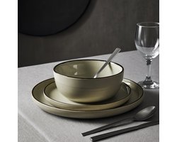 ByViento 12-delige Keramische Serviesset – Beige/Zwart – 4 Dinerborden, 4 Dessertborden & 4 Kommen