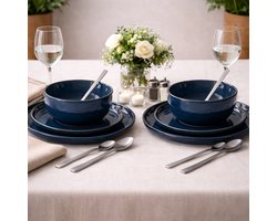 ByViento 12-delige Keramische Serviesset – Blauw/Zwart – 4 Dinerborden, 4 Dessertborden & 4 Kommen