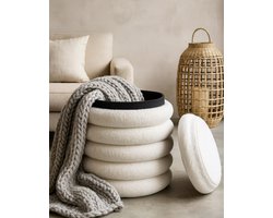 ByViento Teddy Opbergpoef Beige Wit – Ø37 × H43,5 cm – Zachte Teddy Stof – Ronde Poef met Ruime Opbergruimte