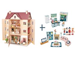 [C] Tender Leaf uniek houten poppenhuis Hall Fantail XXL 3 verdiepingen inclusief houten poppen familie woonkamer en keuken meubels - 40 x 72 x 90 cm cm