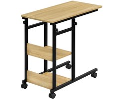 C Vormige Bijzettafel - Koffietafel - Laptoptafel - Verstelbare Hoogte - Wielen - Opbergvakken - Afgeronde Hoeken - Licht Eiken