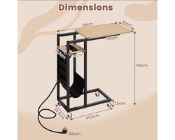 ‘C’-vormige bijzettafel met oplaadstation – Roltafel met uitschuifbaar blad en opbergvak – Grijs/Rustiek bruin