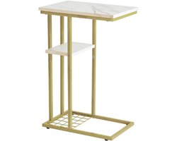 C-vormige bijzettafel set van 2, bijzettafel voor bank en bed, salontafel voor kleine ruimtes, woonkamer, slaapkamer, industriële kleine tafel met opbergplank, marmeren patroon wit en goud