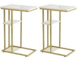 C-vormige bijzettafel set van 2, bijzettafel voor bank en bed, salontafel voor kleine ruimtes, woonkamer, slaapkamer, industriële kleine tafel met opbergplank, marmeren patroon wit en goud