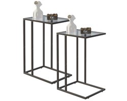 C-vormige bijzettafel set van 2 voor bank, slaapkamer en woonkamer, ruimtebesparende glazen tafel met metalen frame