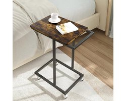 C-vormige laptop bijzettafel voor woonkamer en kantoor - industriële stijl met metalen frame - kleine salontafel op wielen met handgrepen voor bed en slaapkamer