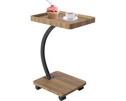 C-Vormige Salontafel / Bijzettafel op Wielen met 2-Lagen & Hoogte Verstelbaar - Sidetable voor Onder de Bank - Nootenhout Look & RVS Frame - Voor Woonkamer & Slaapkamer