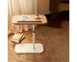 C vormige tv dienbladtafel natuurhoutkleurig minimalistisch houten blad met witte frame voor de bank draaibaar en in hoogte verstelbaar geschikt voor eten en laptopgebruik in de woonkamer