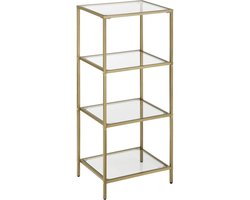 c90 - Badkamerplank, staande plank, keukenplank, halplank, woonkamerplank, plantenplank met 4 planken van gehard glas, stabiele, eenvoudige constructie, woonkamer, slaapkamer, kantoor, goudkleurige LGT28G