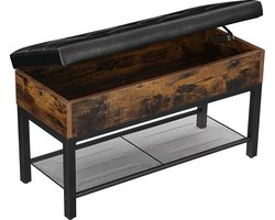 c90 -  bank, schoenbank, schoenenkast, bedkast met opbergruimte, gewatteerde kast, hal, slaapkamer, woonkamer, metaal, eenvoudige constructie, kunstleder, industriële stijl, vintage bruin-zwart