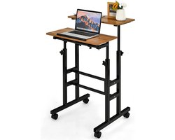 c90 - Beweegbaar staande bureau, in hoogte verstelbaar zit/sta bureau, 2-laags thuiskantoor computer werkstation op wielen, versterkt staal frame, rollende laptop bureau voor het staan en zitten (Walnoot)