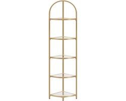 c90 - Hoekrek met 5 etages, boekenkast, staand rek, metalen frame, planken van gehard glas, roestvrij, woonkamer, slaapkamer, keuken, badkamer, modern, goudkleurig