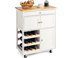 c90 - Keukentrolley, serveerwagen keukeneiland trolley met rubberen houten blad, lade, 3 rijen wijnrekken, 2 kasten, rollend opslag trolley kar, keukenwagen opbergwagen ideaal voor restaurant, keuken, bar te gebruiken (Wit)