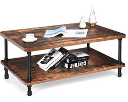 c90 -  Koffietafel, salontafel, cocktail tafel met dik tafelblad, industriële stalen buispoten & 2-laagse opslagplank, accent tabel voor woonkamer, receptie ruimte, eenvoudige montage, rustiek bruin