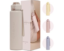 Cabau Bloom RVS Waterfles 870ml Beige - Geïsoleerde BPA-vrije & Lekvrije Thermosfles - Duurzame Herbruikbare Drinkfles met Schoonmaakborstel & Draagkoord - BPA vrij Sportfles Dames - Waterfles Volwassenen - Cadeau voor Haar