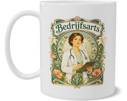 Cadeau Mok Bedrijfsarts - Art Nouveau Illustratie Dokter met Stethoscoop en Klembord - Vintage Stijl Koffiemok voor Medicus - Uniek Cadeau voor Zorgprofessional en Geneeskunde - Dubbelzijdige Beroepen Beker